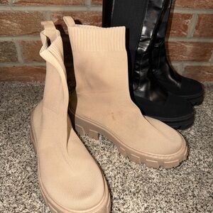 GUC LOT Of 2 BOOTS Beige Knit BLACK  Lug Sole Boots FASHION NOVA 8.5